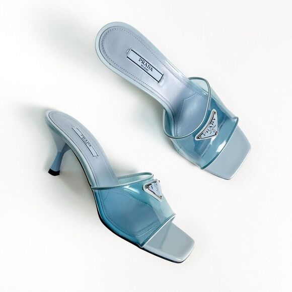 PRADA Blue Ciabatte Triangle Logo Slide Sandal Heels Size 37 Mule Clear PVC - Picture 1 of 13